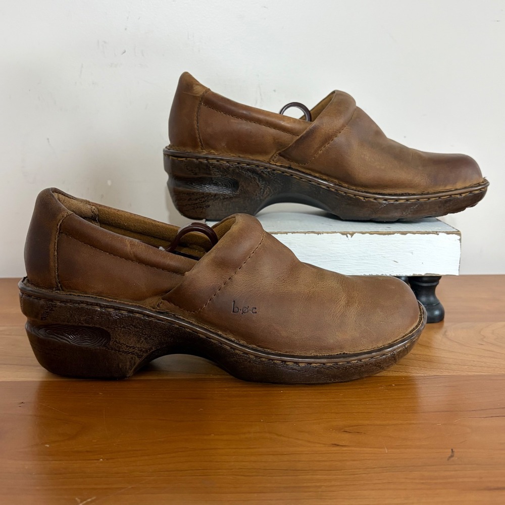 b.o.c. Born Concept Brown Leather Clogs Platform Wedge Slip On Shoes Womens 8M